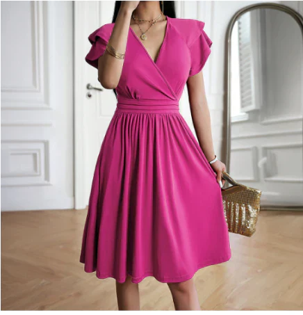 Damen Midi Kleid – Wickeloberteil mit V-Ausschnitt – Flatterärmel – A-Linienform