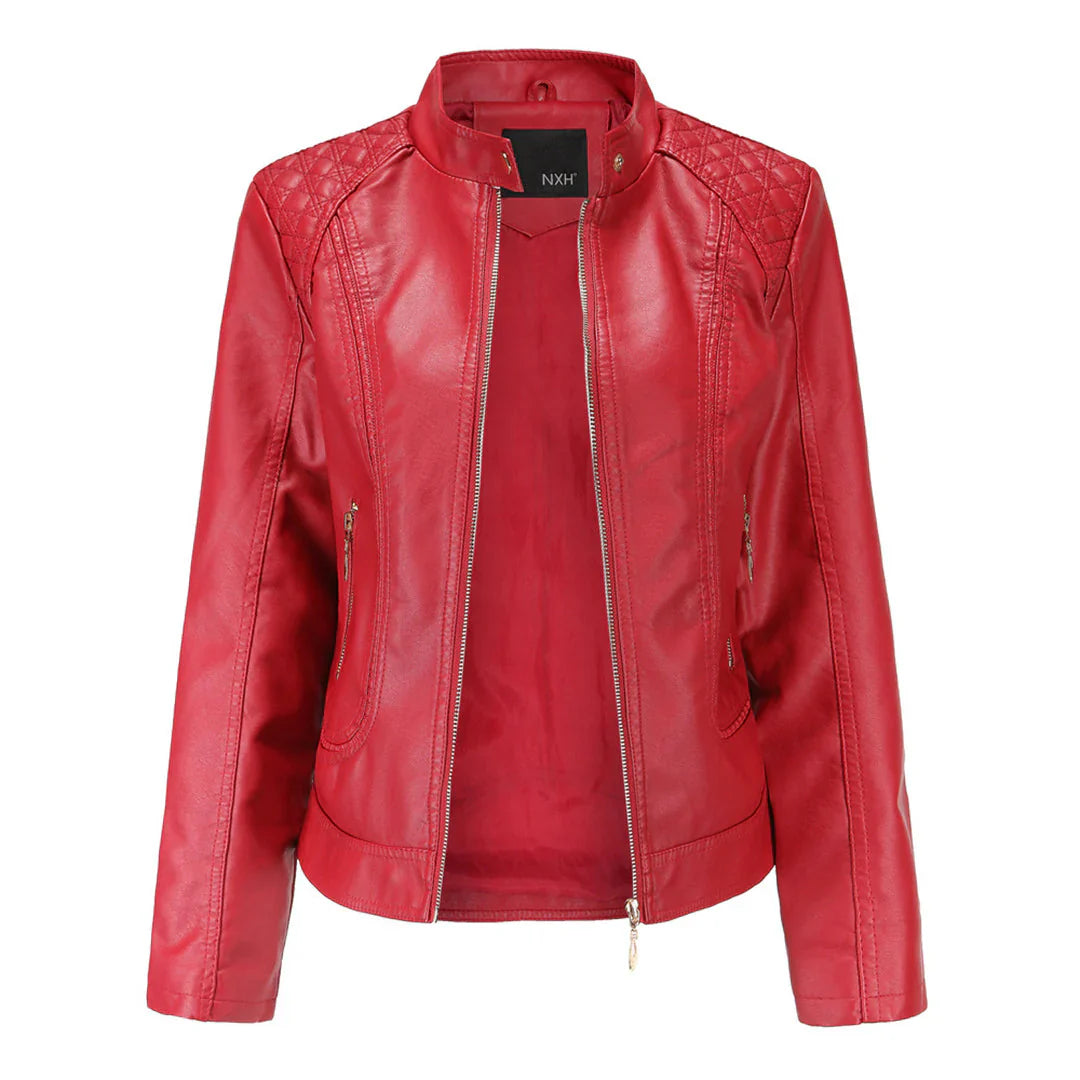 Damen Lederjacke – Slim Fit – Stehkragen – Gesteppt – Zipper-Taschen – Kurzform