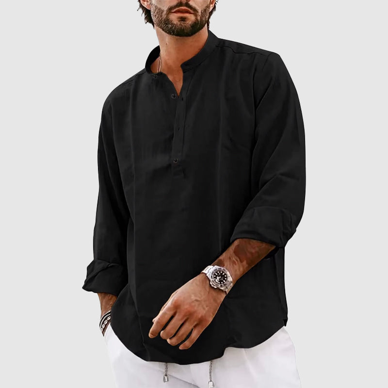 Herren Henley Shirt – Relaxed Fit – Atmungsaktive Naturfaser – Langarm – Stehkragen