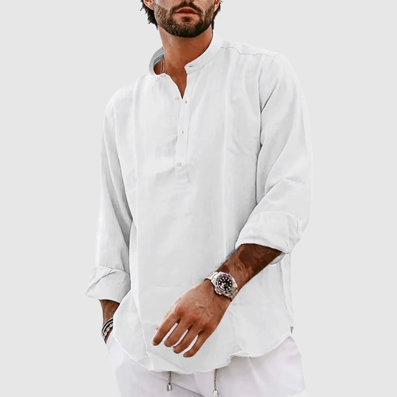 Herren Henley Shirt – Relaxed Fit – Atmungsaktive Naturfaser – Langarm – Stehkragen