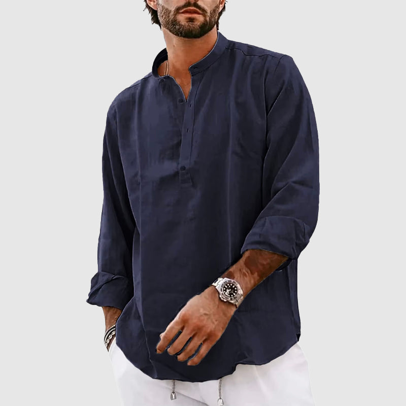 Herren Henley Shirt – Relaxed Fit – Atmungsaktive Naturfaser – Langarm – Stehkragen