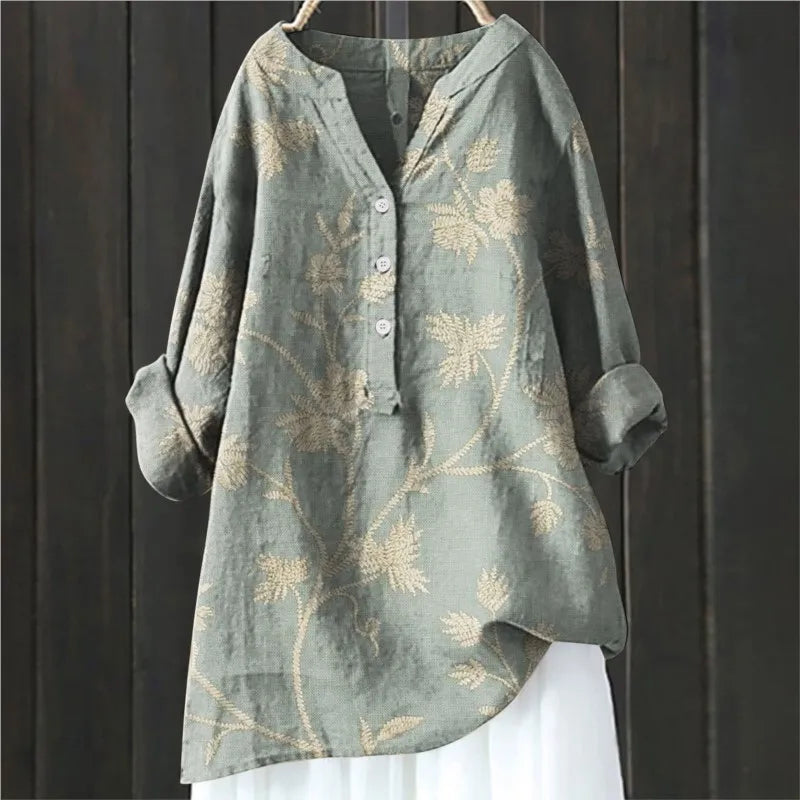 Damen Bluse – Lockerer Schnitt – Halbknopfleiste – Florales Muster – Atmungsaktive Mischung