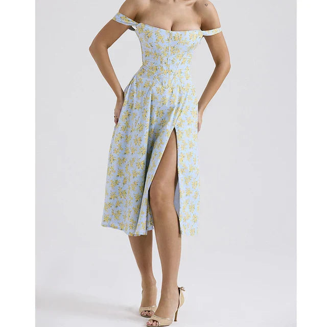 Damen Corset-Midikleid – Figurbetontes Oberteil – Breiter Träger – Schlitz – Blumenmuster
