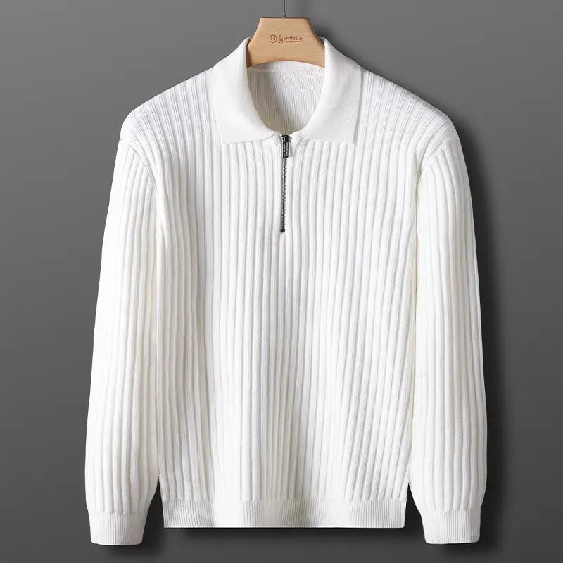 Herren Pullover – Wollmix – Regular Fit – Halbzip – Rippenstruktur – Polokragen