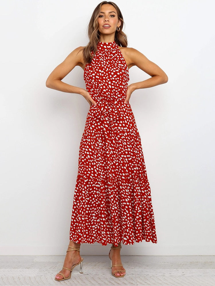 Damen Midikleid – Halter Ausschnitt – Punktemuster – Taillengürtel – Fließend