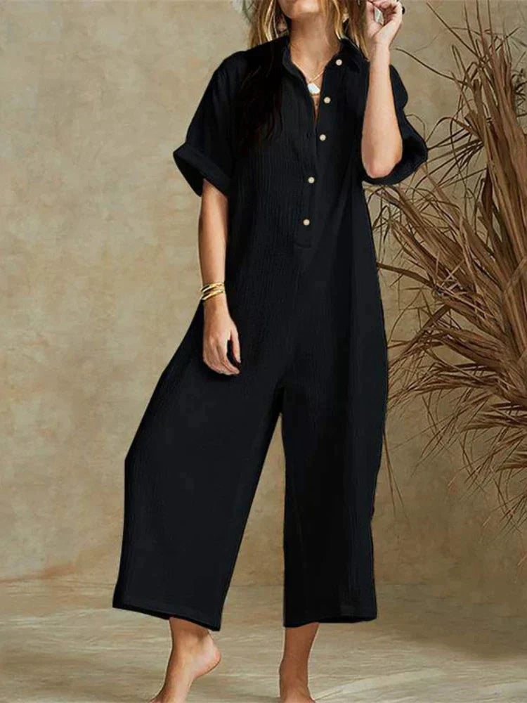 Damen Jumpsuit – Lockere Passform – Baumwollmix – Kurzarm – Knopfleiste – Cropped