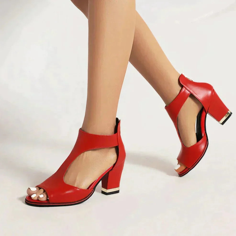 Damen Sandaletten mit Blockabsatz – Offene Spitze – Knöchelriemen – Cut-Out Design