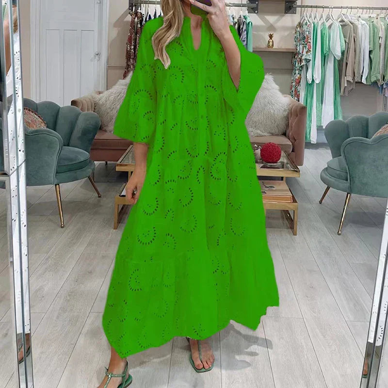 Damen Maxikleid – Lockerer Schnitt – V-Ausschnitt – 3/4 Ärmel – Stufen-Design