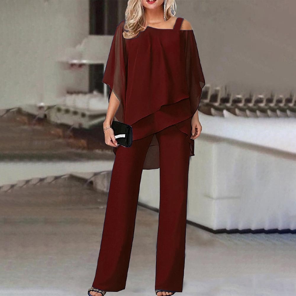 Damen Zweiteiler Set – Fließender Schnitt – Cold Shoulder Top – Weite Hose – Luftiges Gewebe