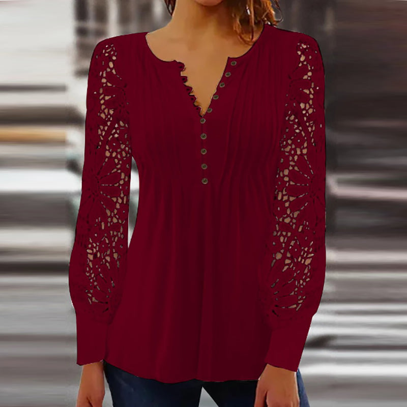 Damen Bluse – Relaxed Fit – Soft Knit – Lange Spitzenärmel – V-Ausschnitt mit Spitze