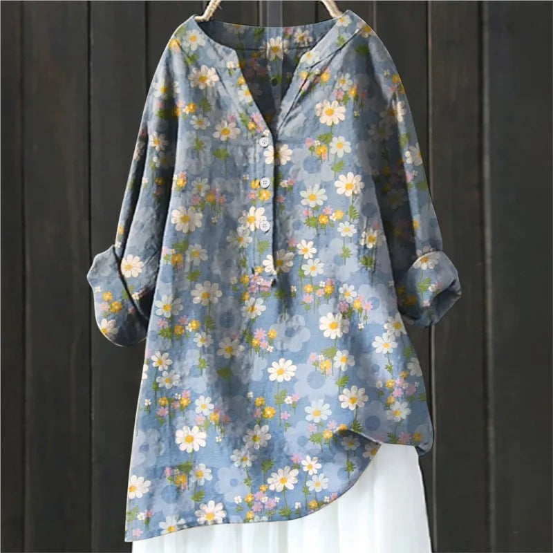 Damen Bluse – Lockerer Schnitt – Halbknopfleiste – Florales Muster – Atmungsaktive Mischung