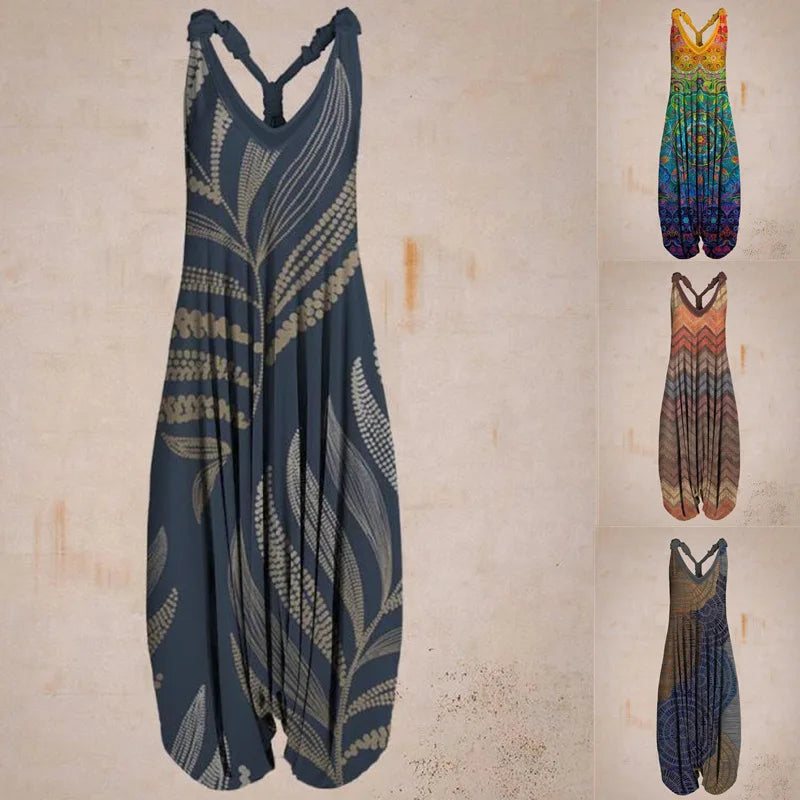 Damen Jumpsuit – Harem Style – Boho Print – Halterneck – Lockere Passform – Lang