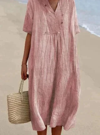 Damen Midikleid – Lockerer Schnitt – V-Ausschnitt – Kurzarm – Atmungsaktive Naturfasern