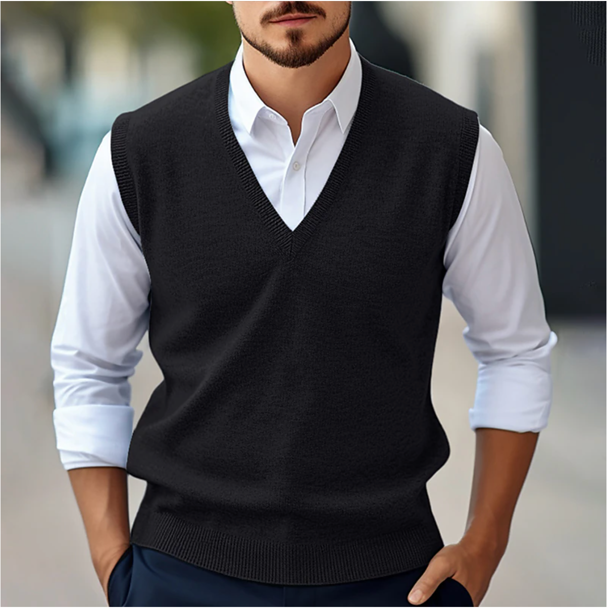 Herren Pullunder – Klassischer Schnitt – V-Ausschnitt – Feinstrick – Rippdetails