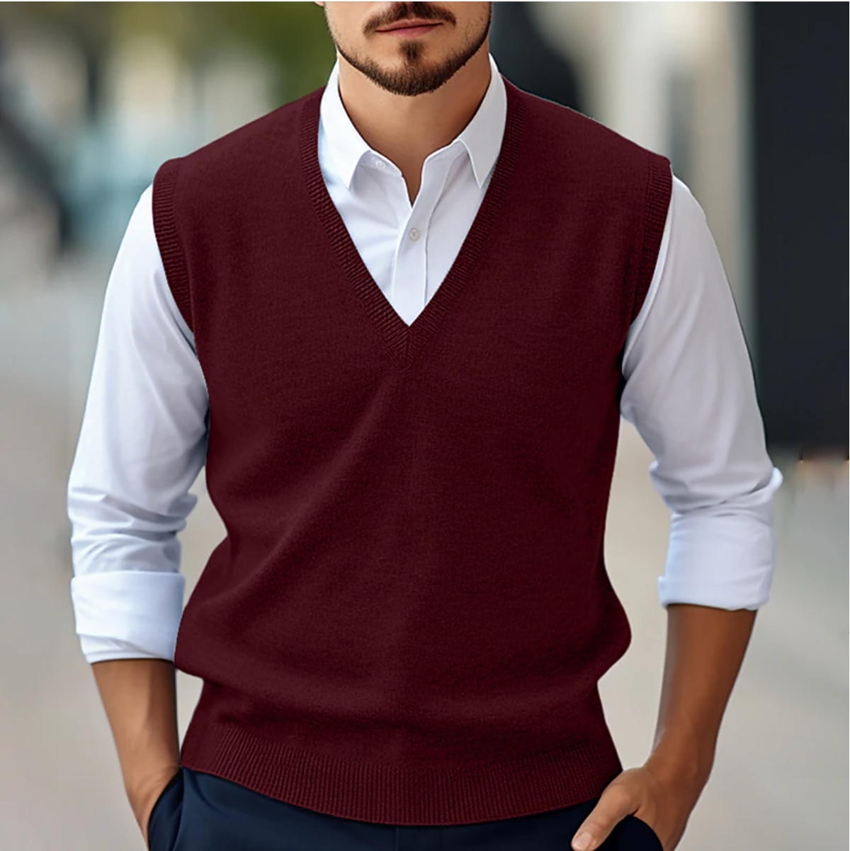 Herren Pullunder – Klassischer Schnitt – V-Ausschnitt – Feinstrick – Rippdetails