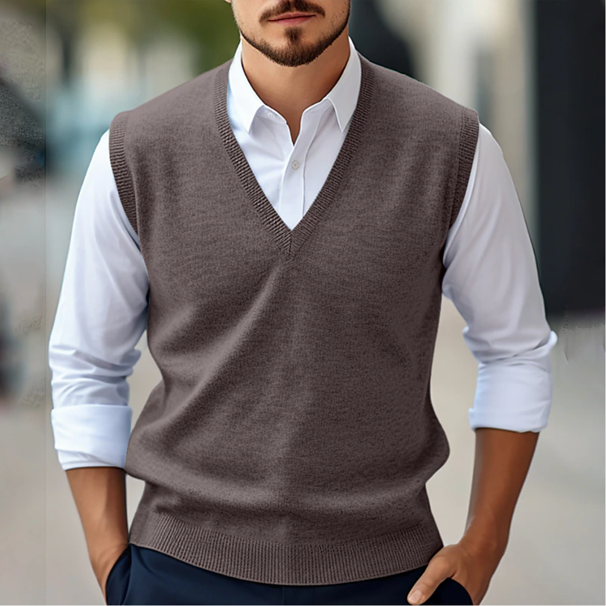 Herren Pullunder – Klassischer Schnitt – V-Ausschnitt – Feinstrick – Rippdetails