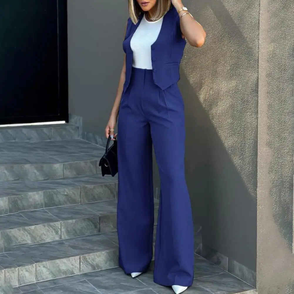 Damen Anzug Set – Taillierte Weste ohne Ärmel – Weit geschnittene High Waist Hose – Luxusstoff