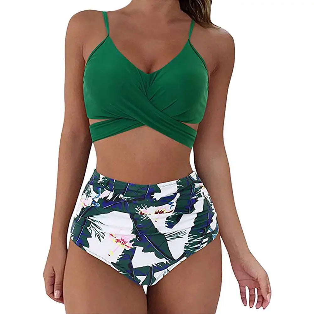 Damen Bikini Set – Slim Fit Crisscross Top – High Waist Ruched Slip – Stretch Komfort