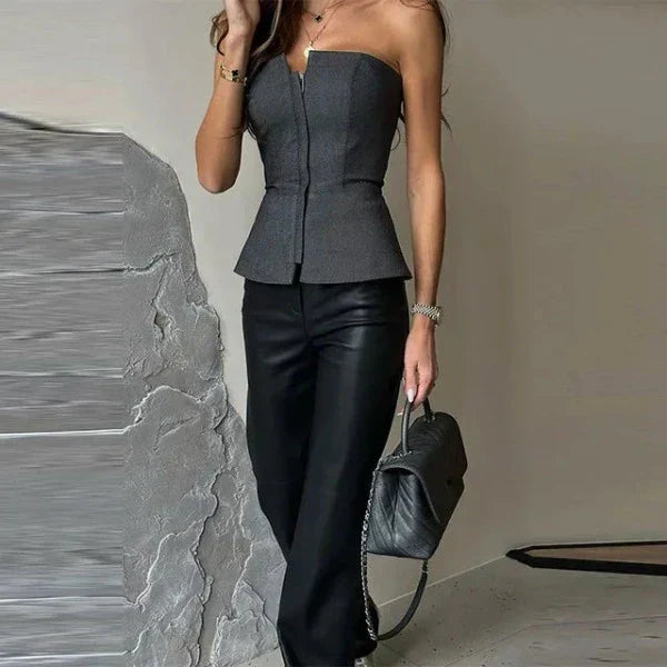 Damen Bandeau Top – Figurbetont – Vorderreißverschluss – Peplum Saum – Glatte Optik