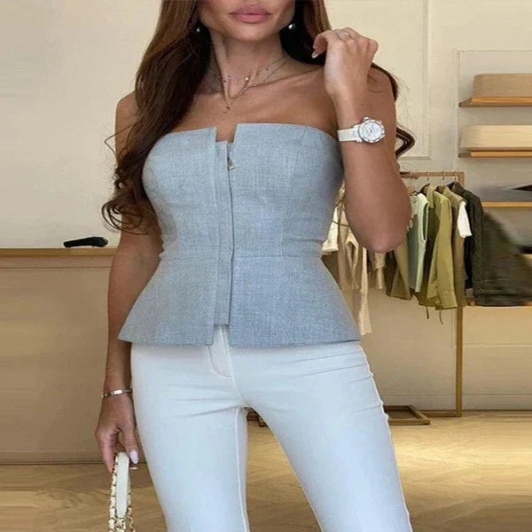 Damen Bandeau Top – Figurbetont – Vorderreißverschluss – Peplum Saum – Glatte Optik