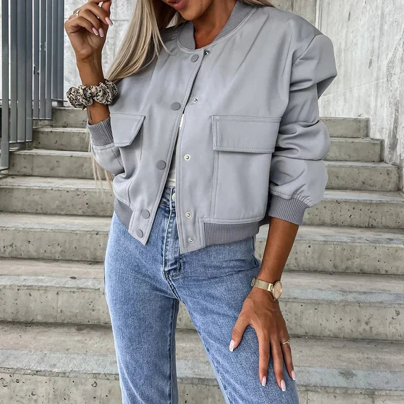 Damen Freizeitjacke – Relaxed Fit – Natürliche Fasern – Knopfverschluss – Brusttaschen
