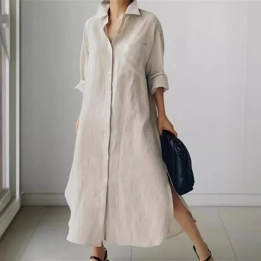 Damen Shirtkleid – Lockerer Schnitt – Knopfleiste – Langarm – Seitenschlitze