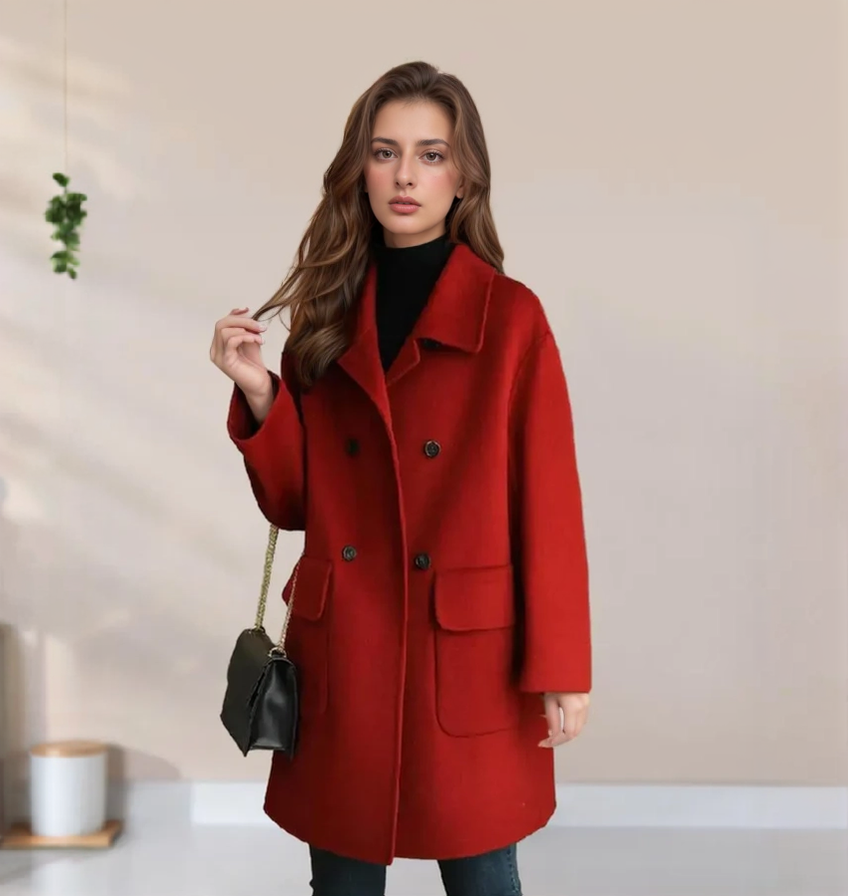 Damen Jacke – Lockerer Schnitt – Doppelreihig – Weicher Wollmix – Mittellang