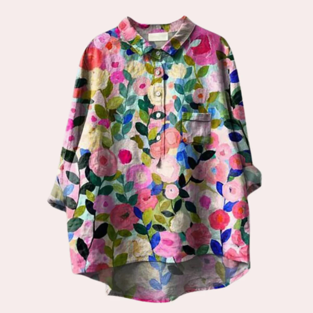 Damen Bluse – Lockerer Schnitt – Florales Muster – Atmungsaktive Naturfasern – Knopfleiste