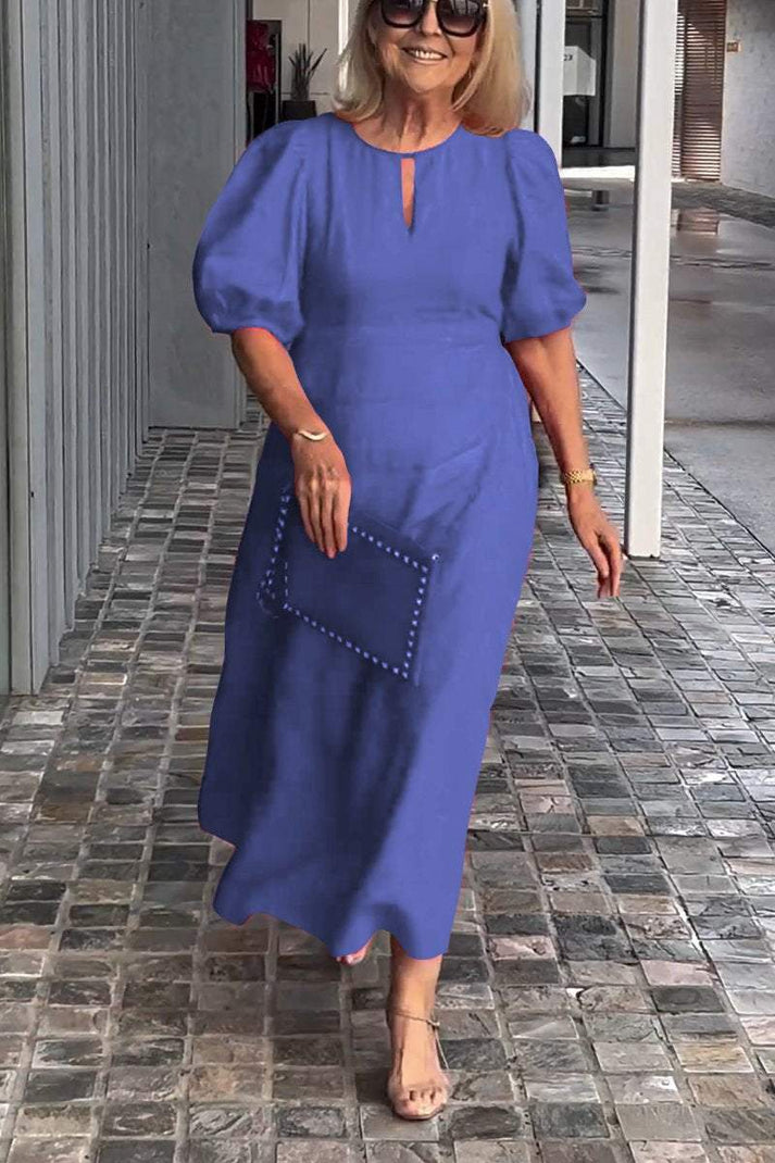 Damen Midikleid – A-Linie – Puffärmel – Keyhole-Ausschnitt – Natürliche Fasern