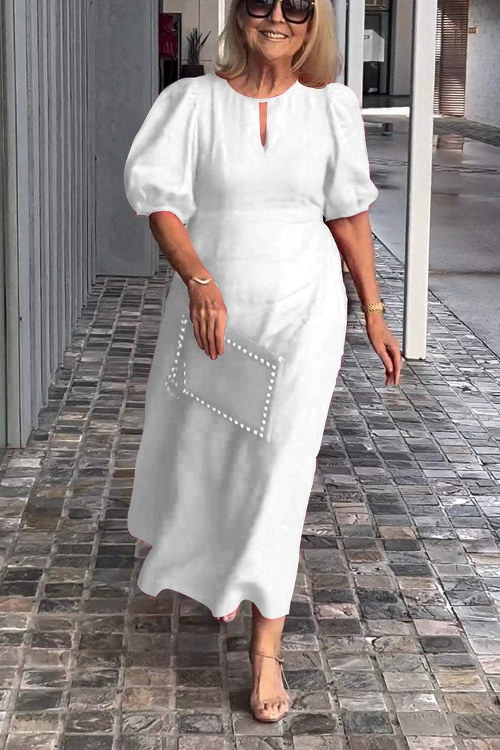 Damen Midikleid – A-Linie – Puffärmel – Keyhole-Ausschnitt – Natürliche Fasern