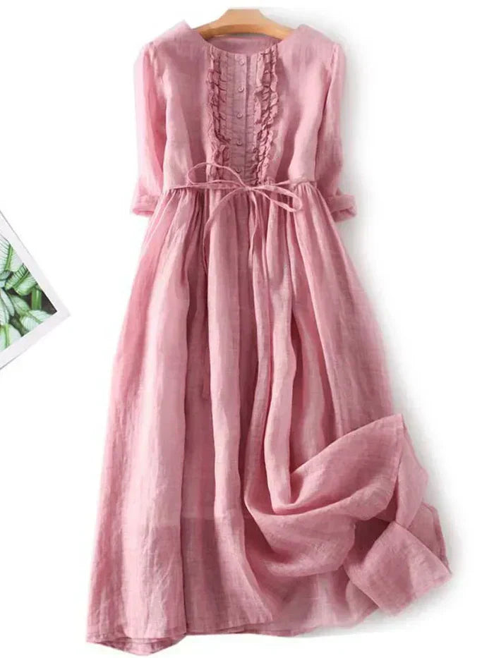 Damen Midikleid – Natürliche Fasern – A-Linie – Gürtel – Knopfleiste – Rüschen