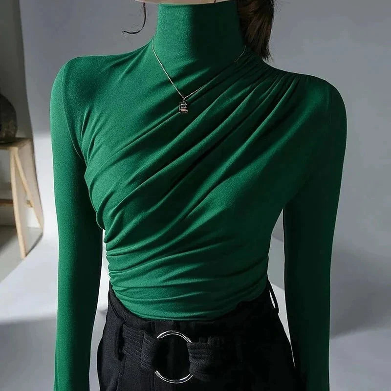 Damen Rollkragen Oberteil – Figurbetont – Stretch – Raffung – Langarm Eleganz