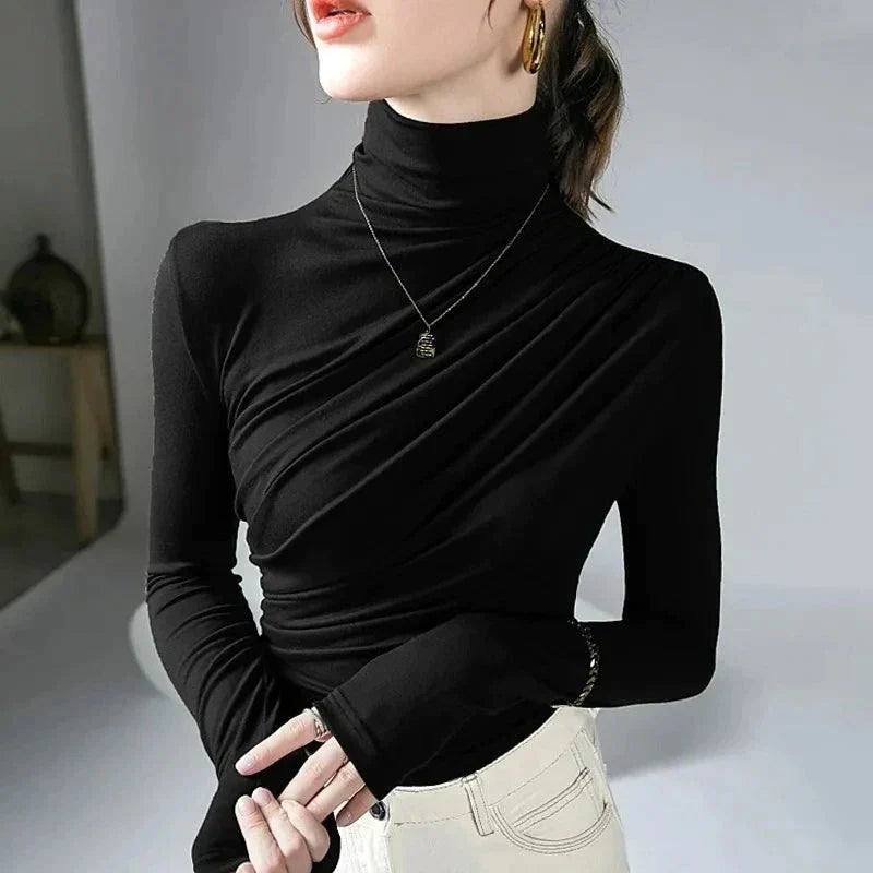 Damen Rollkragen Oberteil – Figurbetont – Stretch – Raffung – Langarm Eleganz