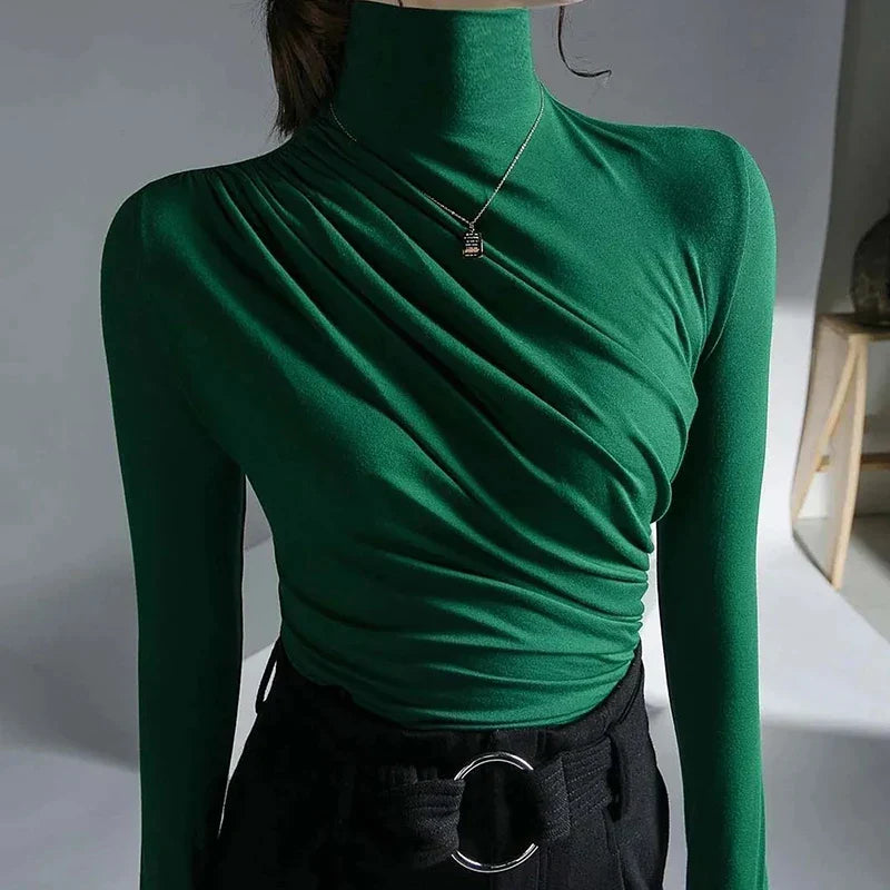 Damen Rollkragen Oberteil – Figurbetont – Stretch – Raffung – Langarm Eleganz