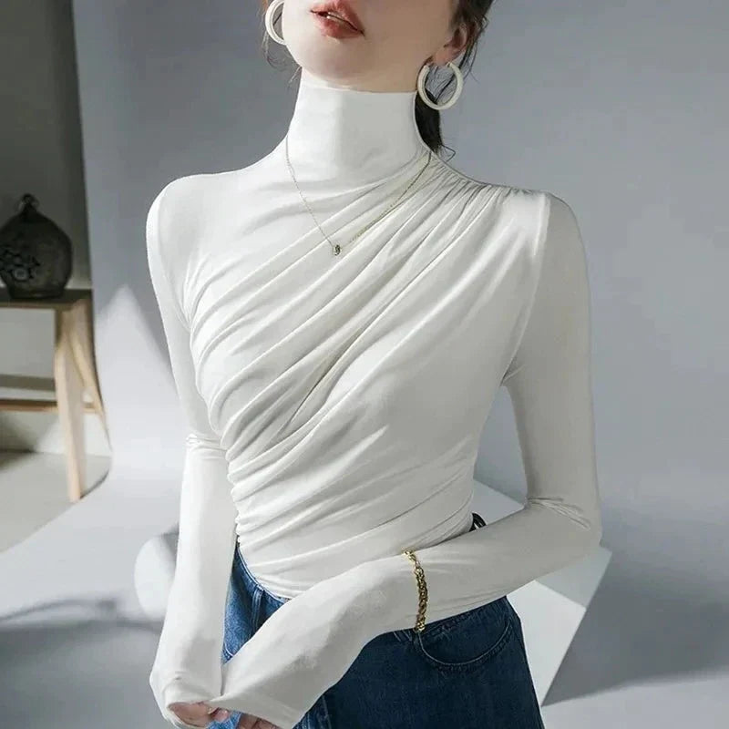 Damen Rollkragen Oberteil – Figurbetont – Stretch – Raffung – Langarm Eleganz