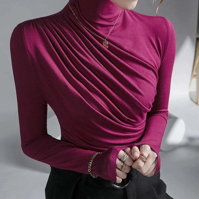 Damen Rollkragen Oberteil – Figurbetont – Stretch – Raffung – Langarm Eleganz