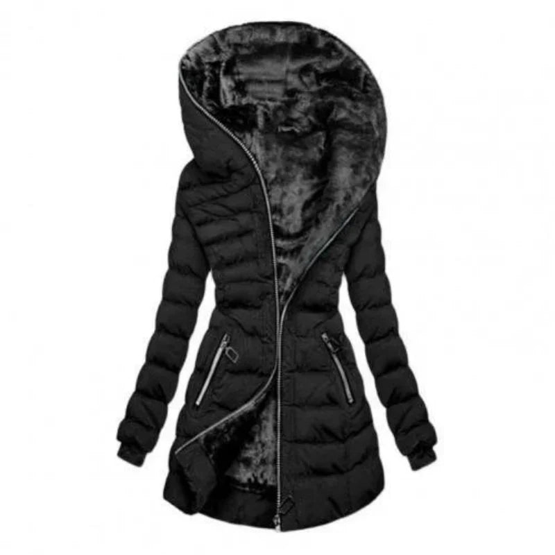 Damen Pufferjacke – Regular Fit – Wasserabweisend – Kapuze – Asymmetrischer Reißverschluss