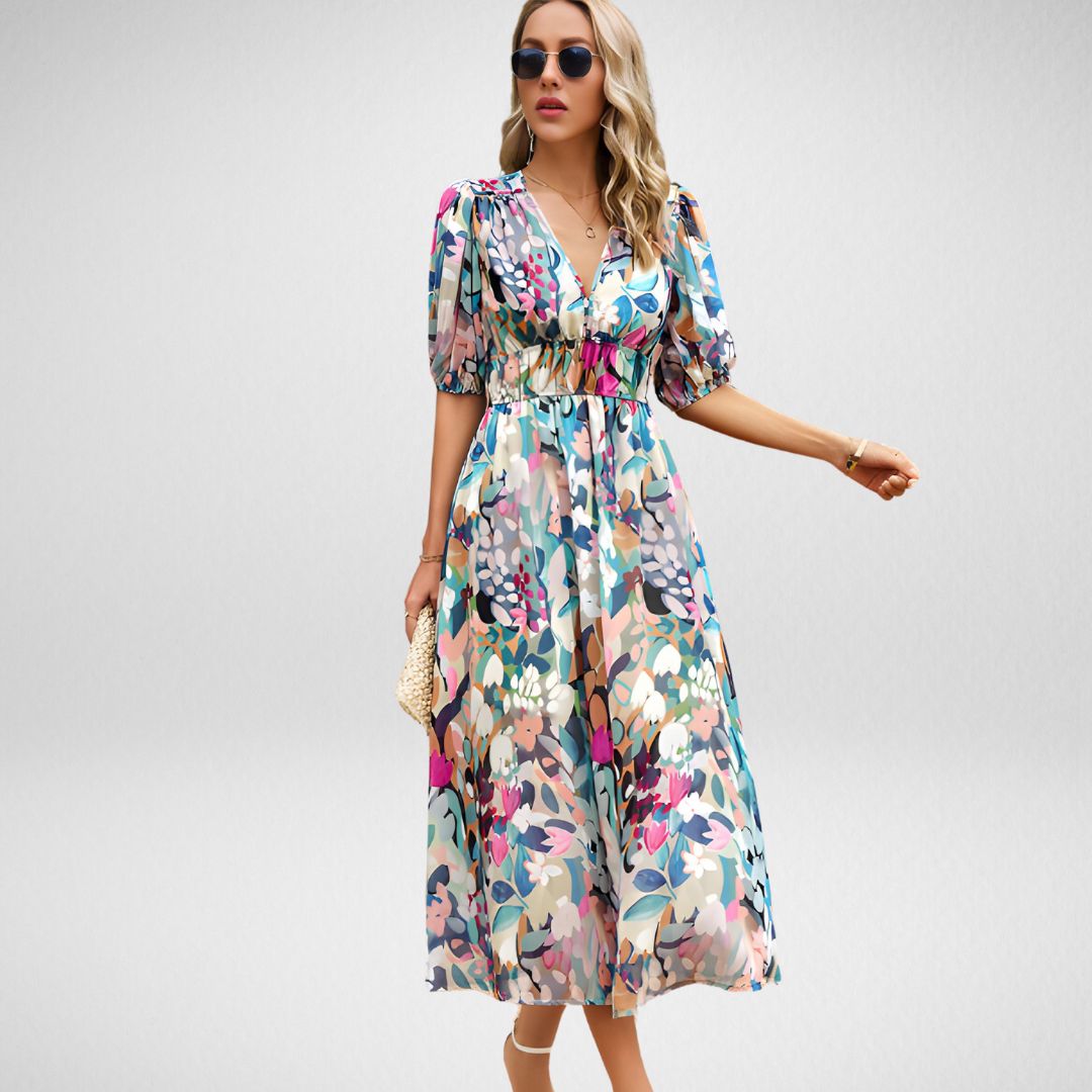 Damen Maxikleid – Fließender Schnitt – Puffärmel – V-Ausschnitt – Atmungsaktive Faser – Geometrisches Muster