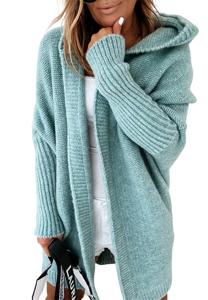 Damen Strickcardigan – Oversize Passform – Wollmix – Kapuze – Offene Front – Langform
