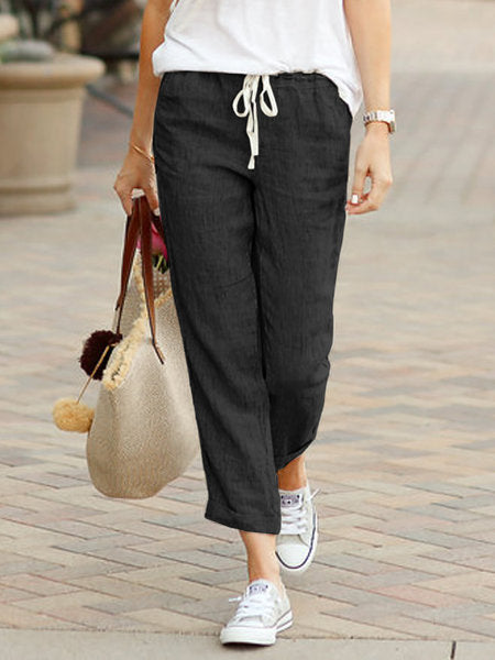 Damen Hose – Relaxed Fit – Naturfaser – Kordelzug – Knöchellang – Freizeitlook
