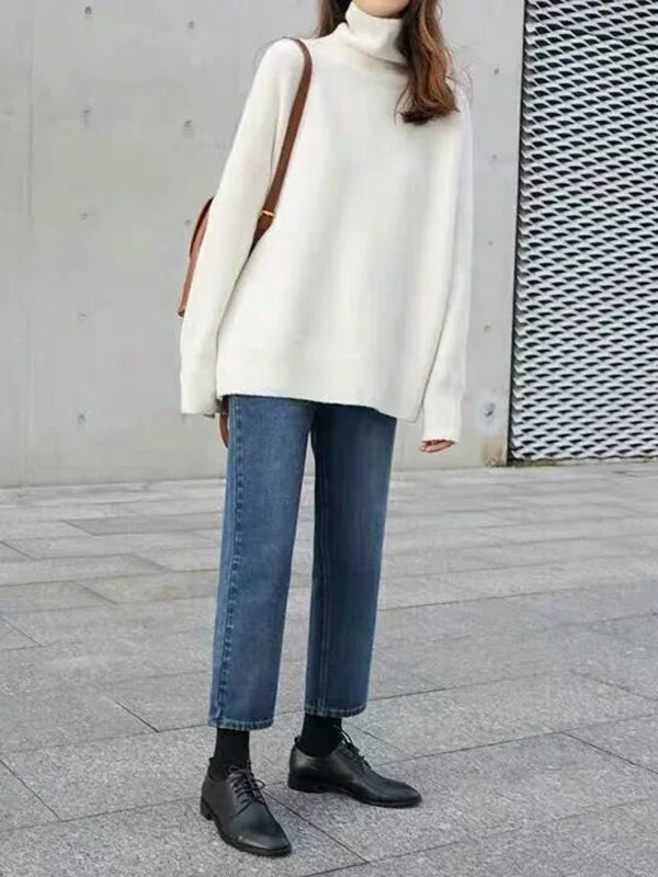 Damen Rollkragenpullover – Wollmischung – Lockerer Schnitt – Rippdetails – Hüftlang