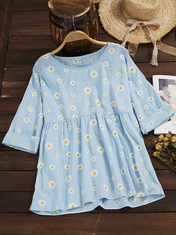 Damen T-Shirt – Lockerer Schnitt – Florales Muster – Atmungsaktive Naturfasern
