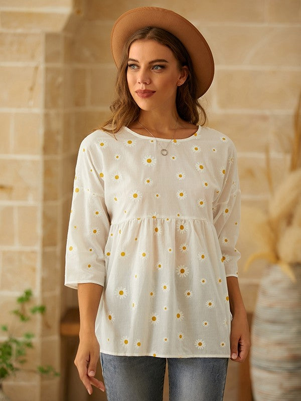Damen T-Shirt – Lockerer Schnitt – Florales Muster – Atmungsaktive Naturfasern