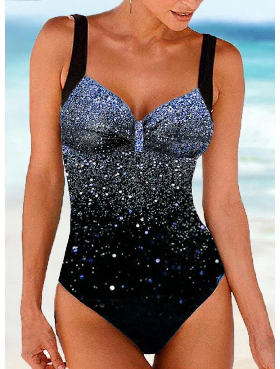 Damen Badeanzug – Formender Schnitt – Eingearbeitetes Top – Glitzerndes Farbverlauf-Design