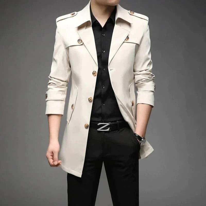 Herren Trenchcoat – Slim Fit – Einreiher – Strukturierter Schnitt – Schulterriegel