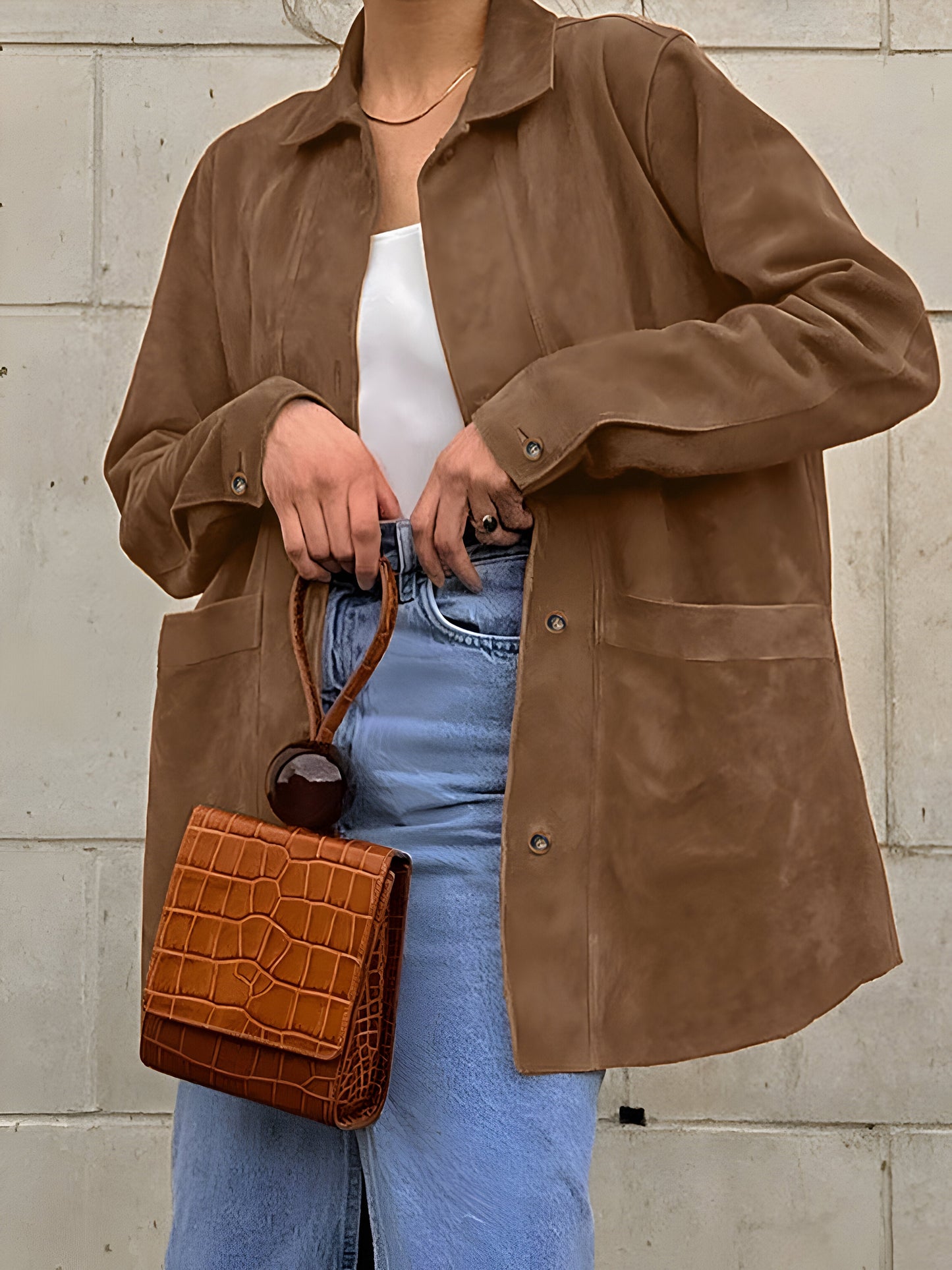 Damen Oversize Jacke – Relaxed Fit – Luxury Fabric – Knopfverschluss – Hüftlang
