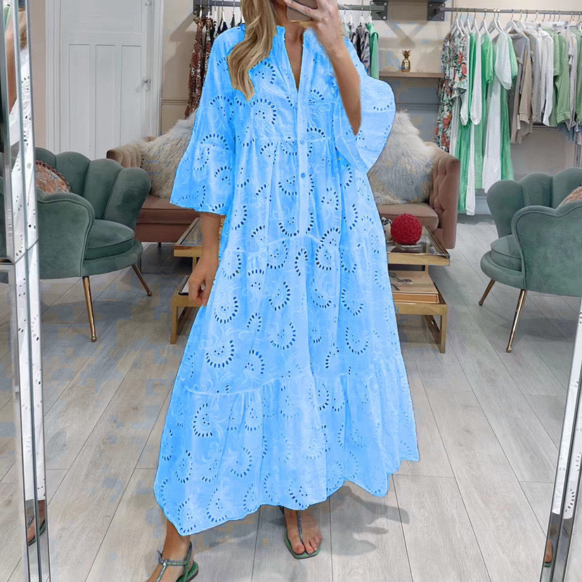 Damen Maxikleid – Lockerer Schnitt – V-Ausschnitt – 3/4 Ärmel – Stufen-Design