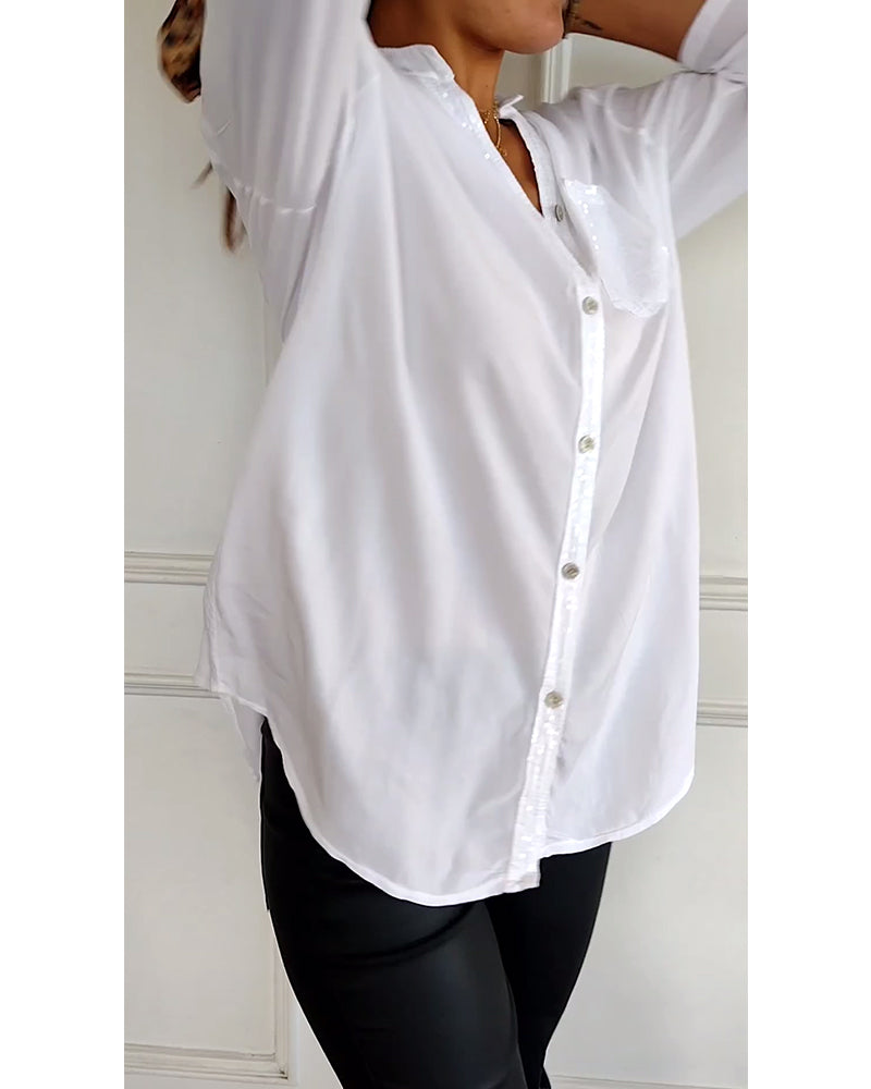 Damen Bluse – Relaxed Fit – Glitzernder Knopfverschluss – Brusttasche – Langarm