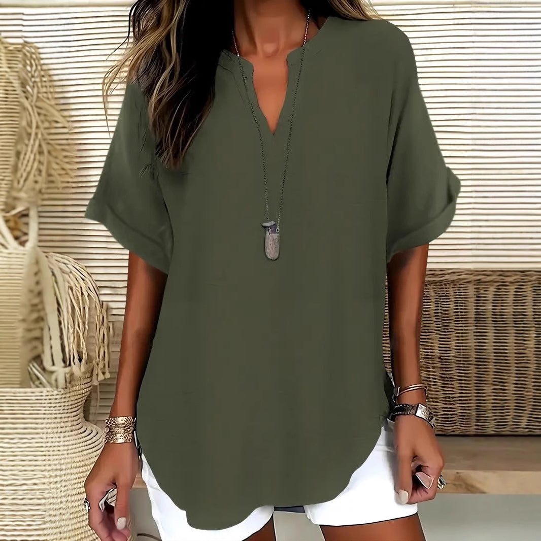 Damen Bluse – Lockerer Schnitt – V-Ausschnitt – Kurzarm – Natürliche Fasern