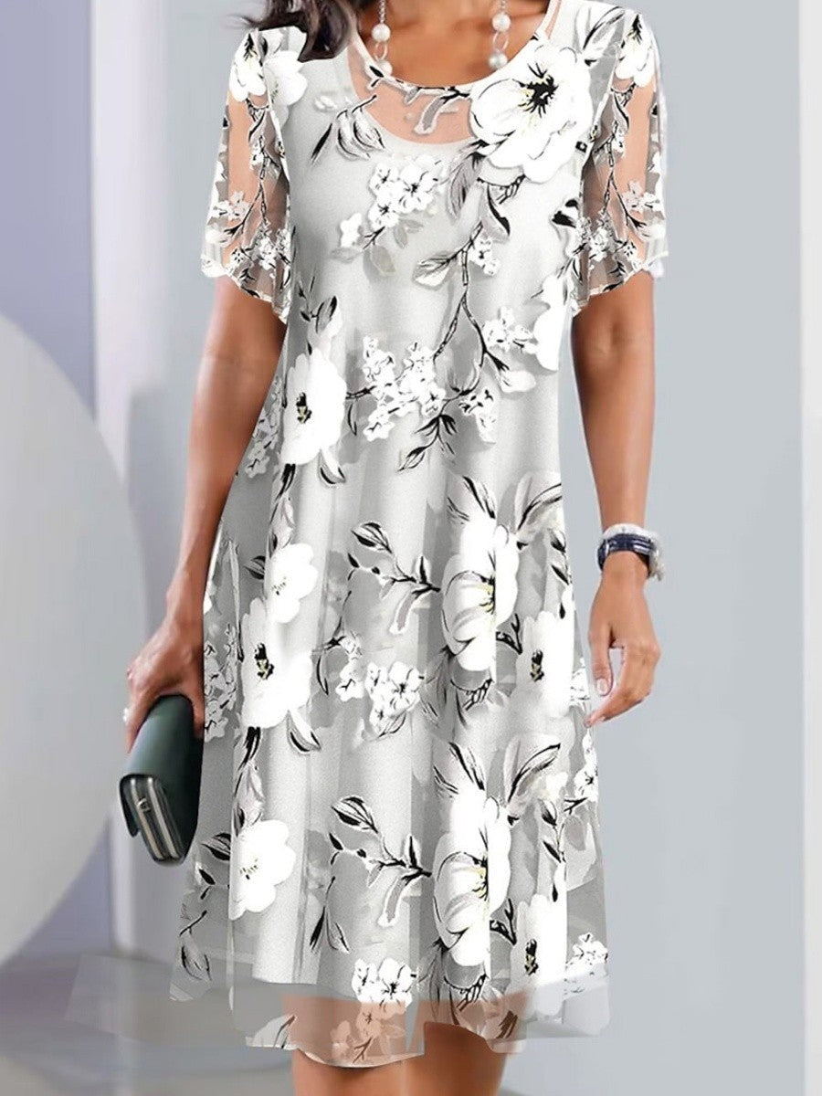 Damen Midikleid – Blumenmuster – Lockerer Schnitt – Kurzarm – Atmungsaktiver Stoff